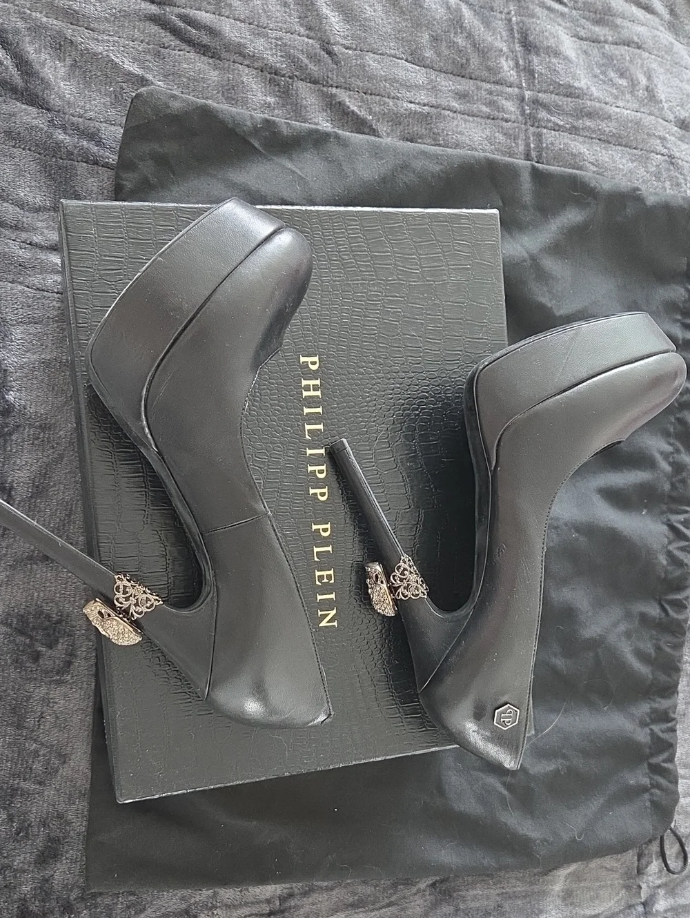 Authentic Philipp Plein Black Leather Platform Stiletto Pumps SWAROSKI Skull